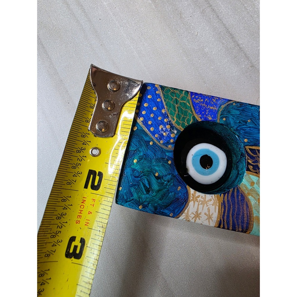 Hand Painted Wooden Evil Eye Nazar Decor Blue Gold Abstract Signed Art Block F1 - Picture 6 of 16